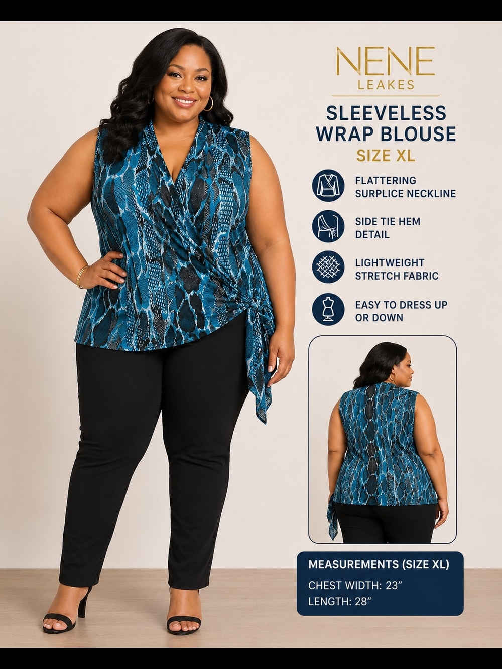 NENE Leakes XL Blue Snakeskin Print Sleeveless Wrap Blouse Side Tie Top